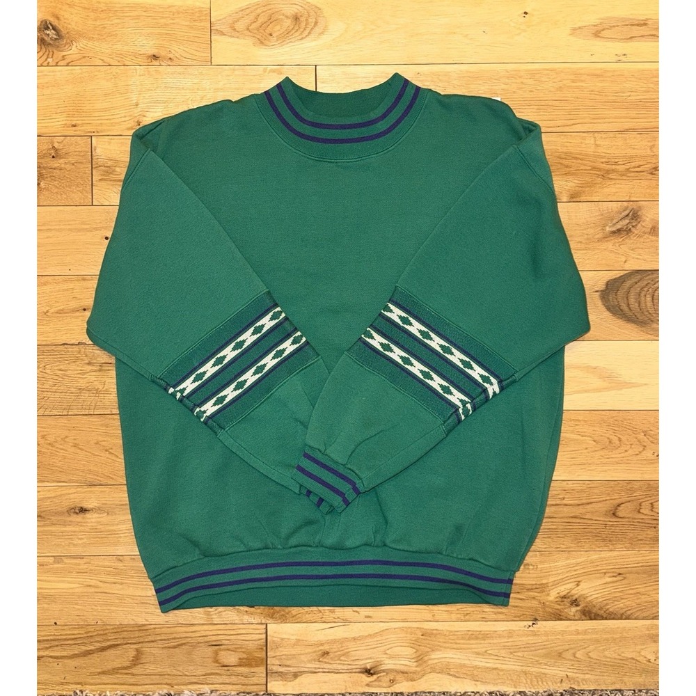 Retro 80s 90s‎ Crewneck Sweatshirt Teal W/ Aztec Colorblock Print Size Medium
